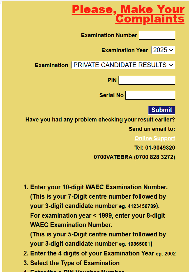 WAEC Result Portal Screenshot